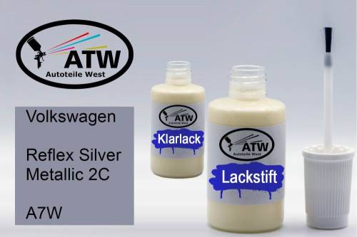 Volkswagen, Reflex Silver Metallic 2C, A7W: 20ml Lackstift + 20ml Klarlack - Set, von ATW Autoteile West.